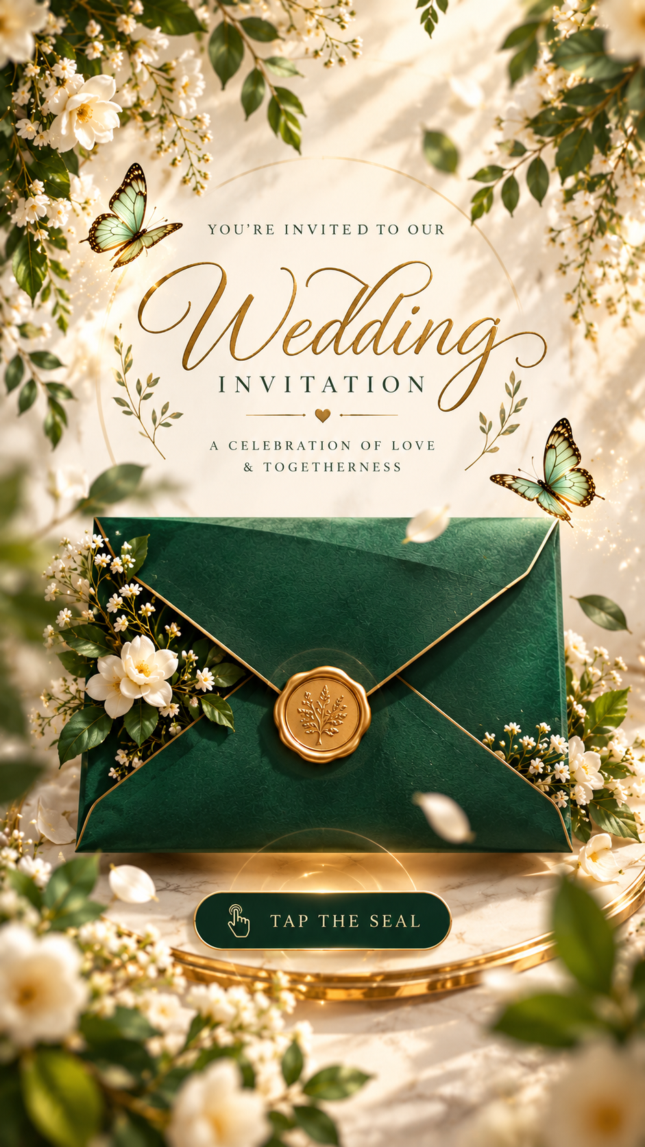 Luxury emerald green envelope with gold wax seal, flowers and butterflies